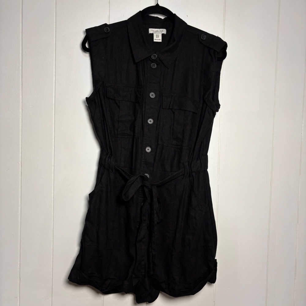 Rachel Zoe Black Linen Blend Utility Sleeveless Romper Size 10 Button Belted